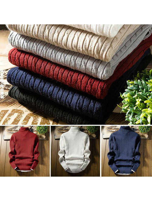 Mens Winter Warm Knitted High Roll Turtle Neck Pullover Sweater Jumper Tops