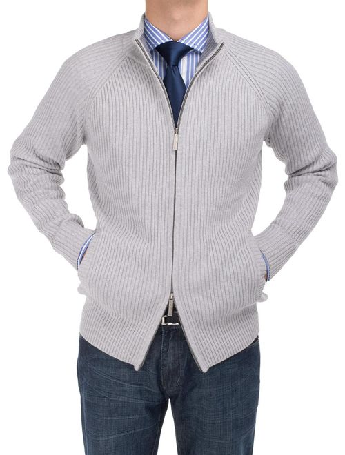 DTI BB Signature Men's Cotton Mock Neck Full Ribbed Full Zip Cardigan Sweater Gray