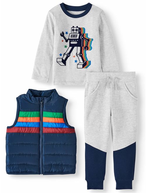 Wonder Nation Stripe Puffer Vest, Long Sleeve Graphic T-shirt & Drawstring Joggers, 3pc Outfit Set (Toddler Boys)