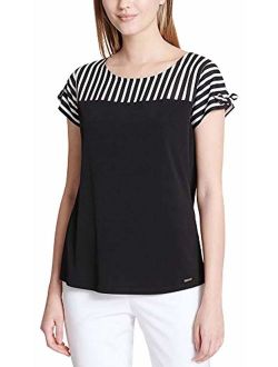 Womens Striped Colorblocked Contrast Blouse Top Color Black Size Medium