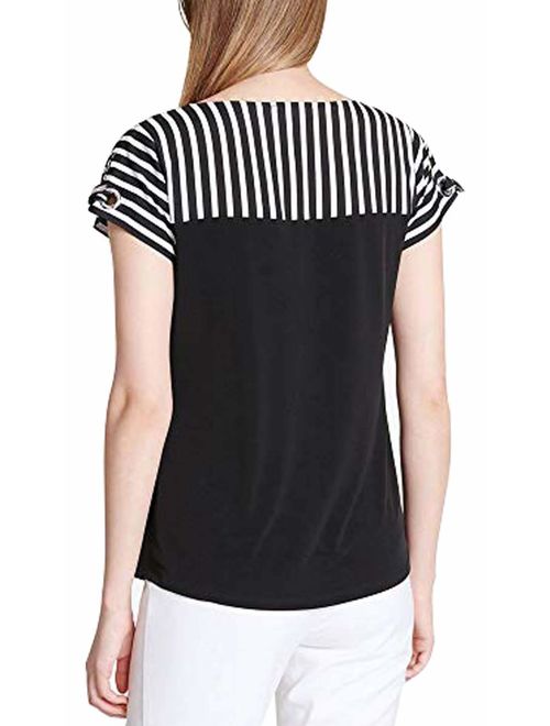 Calvin Klein Womens Striped Colorblocked Contrast Blouse Top Color Black Size Medium
