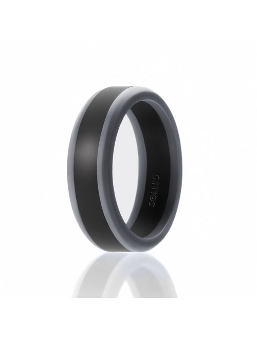 SOLEED Silicone Wedding Ring for Men (Power X Series) Safe and Sturdy Silicone Rubber Wedding BandMiddle Wide Stripe with Black Beveled Edges - Metallic, Silver, Platinum