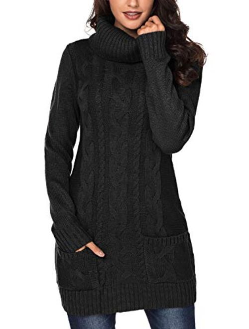 BLENCOT Womens Turtleneck Long Sleeve Elasticity Chunky Cable Knit Pullover Sweaters Jumper with Pockets