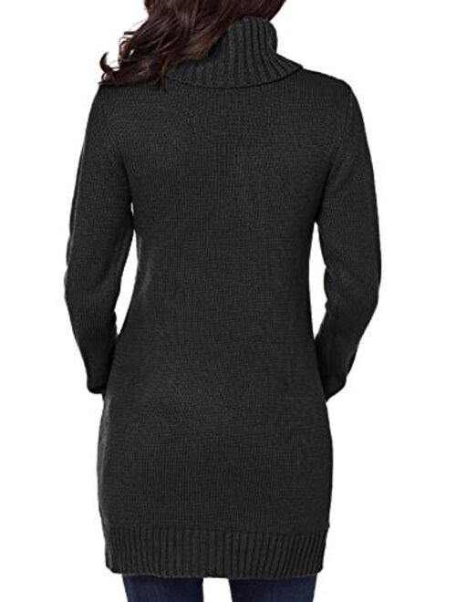 BLENCOT Womens Turtleneck Long Sleeve Elasticity Chunky Cable Knit Pullover Sweaters Jumper with Pockets