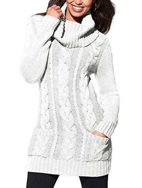 BLENCOT Womens Turtleneck Long Sleeve Elasticity Chunky Cable Knit Pullover Sweaters Jumper with Pockets