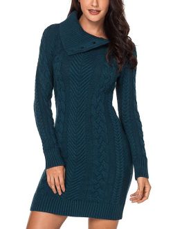 Sidefeel Women Asymmetric Buttoned Cable Knit Bodycon Mini Sweater Dress Jumper