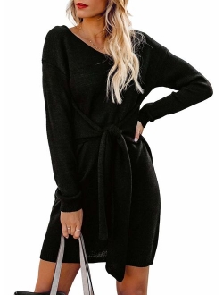 Sidefeel Women Asymmetric Buttoned Cable Knit Bodycon Mini Sweater Dress Jumper