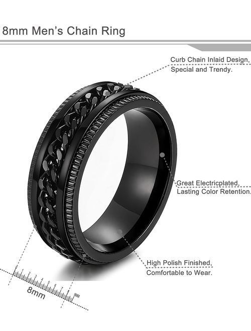 FIBO STEEL Stainless Steel 8mm Rings for Men Chain Rings Biker Grooved Edge, Size 7-14