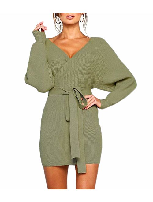 MANSY Women's Sexy Cocktail Batwing Long Sleeve Backless Mock Wrap Knit Sweater Mini Dress