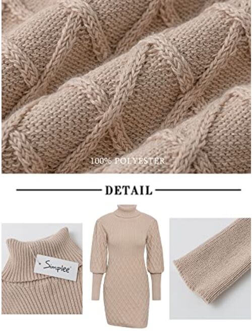 Simplee Women's Turtleneck Puff Sleeve Knitted Bodycon Mini Pullover Sweater Dress