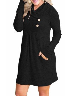 ETCYY NEW FANEW Womens Cowl V- Neck Buttoned Knit Loose Fit Sweater Dress with Pocket