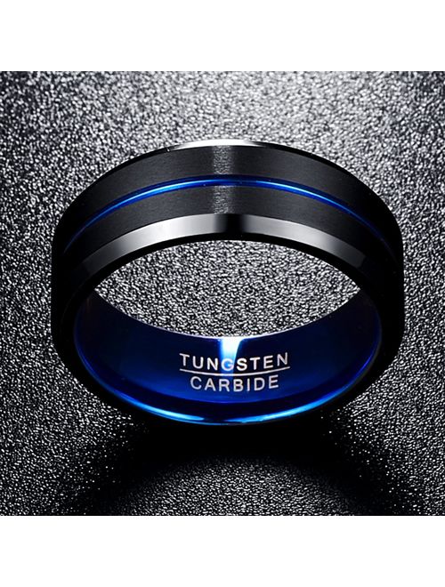 NUNCAD Men's 8mm Tungsten Carbide Ring Blue & Black Matte Finish Beveled Edge Wedding Band Size 4 to 17
