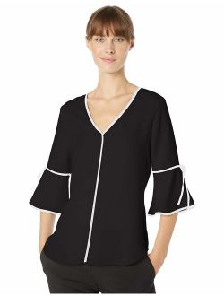 Women's V-Neck Blouse with Contrast Piping