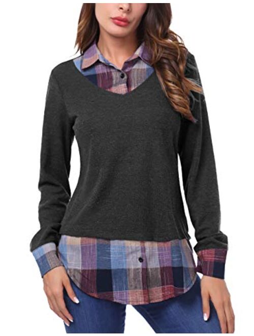 DJT Women's Contrast Plaid Collar 2 in 1 Blouse Tunic Tops