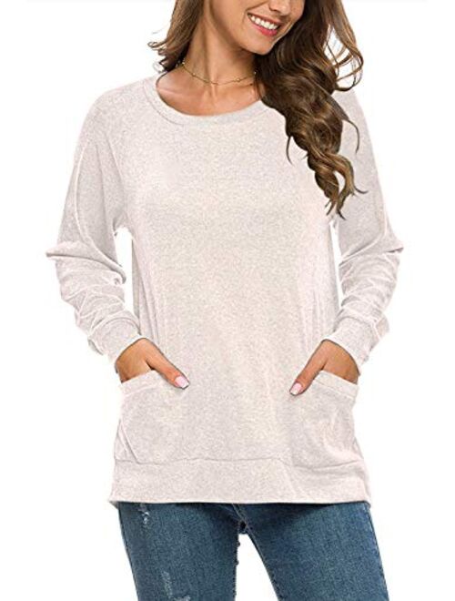 AUSELILY Women's Long Sleeve Round Neck Casual T Shirts Blouses Sweatshirts Tunic Tops with Pocket