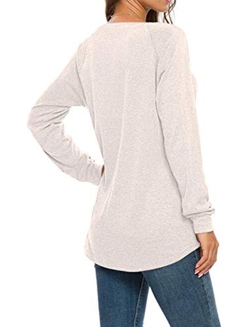 AUSELILY Women's Long Sleeve Round Neck Casual T Shirts Blouses Sweatshirts Tunic Tops with Pocket