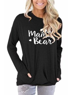 barnkas Women Mama Bear Shirt Loose Casual Tops T-Shirts Crew Neck Batwing Sleeve Sweatshirt Patches Blouse