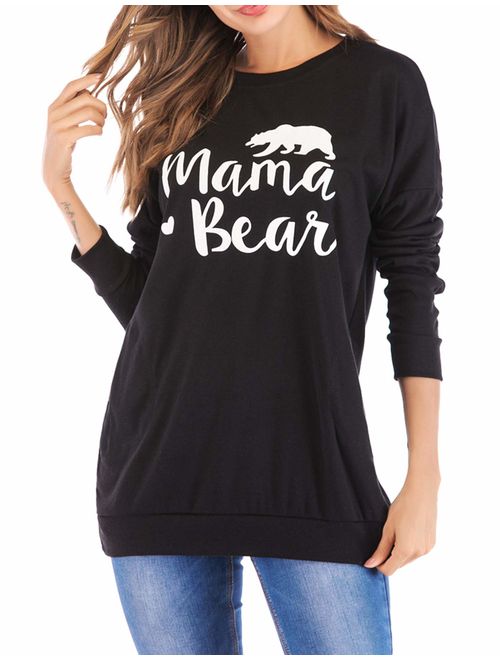 barnkas Women Mama Bear Shirt Loose Casual Tops T-Shirts Crew Neck Batwing Sleeve Sweatshirt Patches Blouse