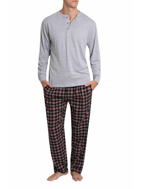 Mr. Sleep Adult Men's Flannel Pajama Pant and Long Sleeve Henley Cotton Button Down PJ Shirt Set - Grey with Classic Plaid - M