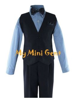 Boys 4PC Solid Navy Vest Suit Set with Blue Checker Dress Shirt and Bow Tie