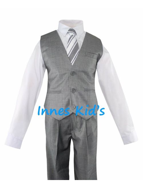 Boys 5 Piece Slim Fit Formal Dress Suit Set with Tie and Vest Grey Navy Charcoal