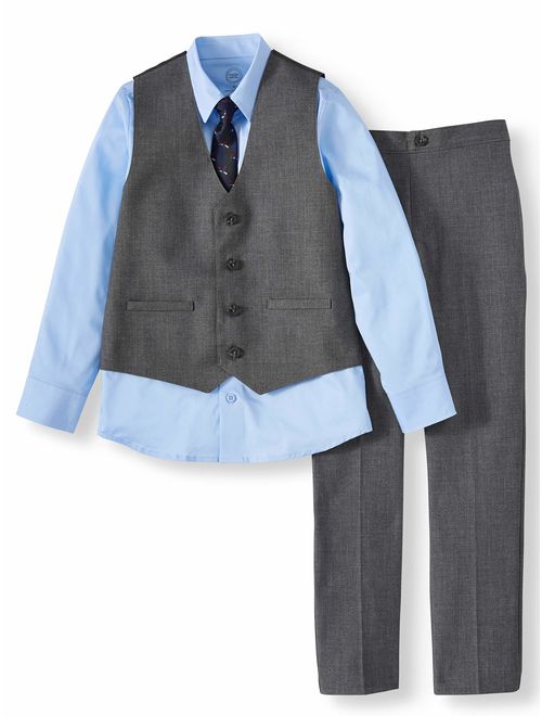 Wonder Nation Boys 4-14 & Husky Dressy Vest Set with Long Sleeve Shirt, Vest, Skinny Tie, & Twill Dress Pants, 4-Piece Outfit Set