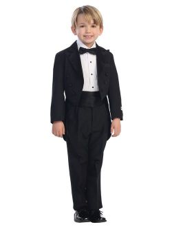 Little Boys Black Peak Collar Round Split Tail Elegant 5 Pc Tuxedo Suit