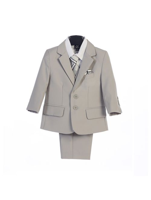 Boys Light Gray Jacket Vest Pocket Square Tie Shirt Pant 5 Pc Suit