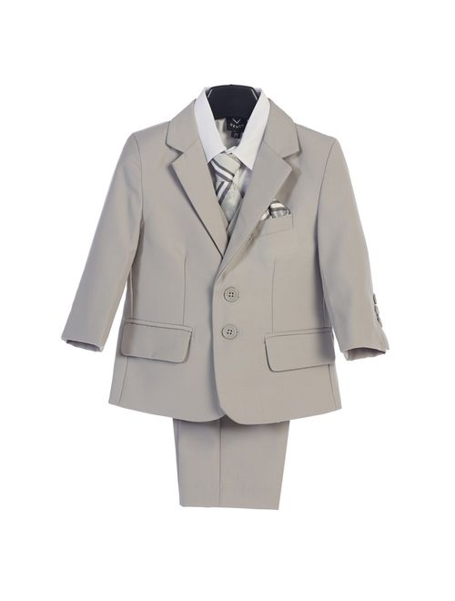 Boys Light Gray Jacket Vest Pocket Square Tie Shirt Pant 5 Pc Suit