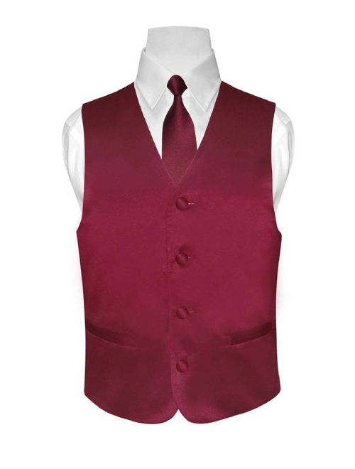 BOY'S Dress Vest & NeckTie Solid BURGUNDY Color Neck Tie Set