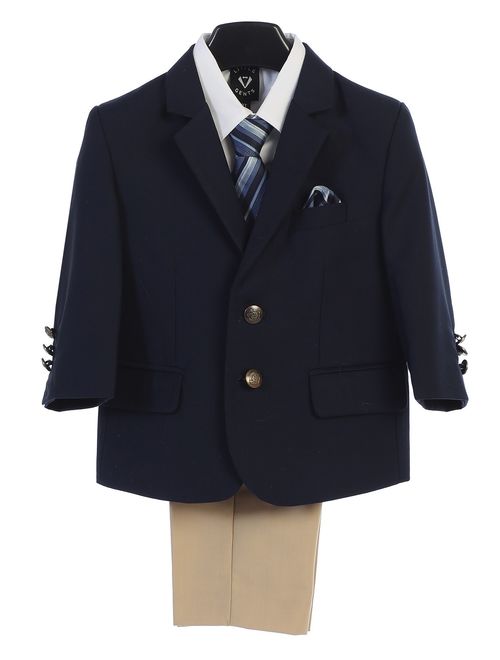 Lito Boys Navy Khaki Jacket Zipper Tie Shirt Pants 4 Pc Suit