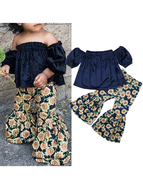 2PCS Toddler Kids Baby Girls Off Shoulder Crop Tops+Sunflower Print Pants Summer Outfits Clothes 1-2 Years