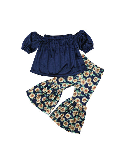 2PCS Toddler Kids Baby Girls Off Shoulder Crop Tops+Sunflower Print Pants Summer Outfits Clothes 1-2 Years