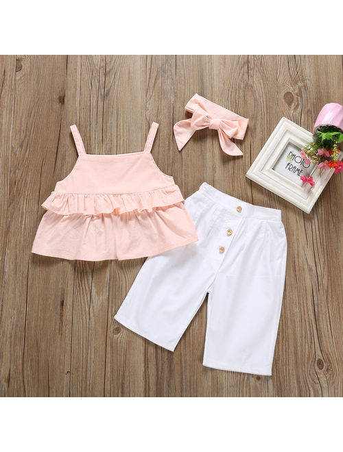 3PCS Toddler Kids Baby Girl Summer Clothes Ruffle Sling Tops Pants Leggings Outfits Sunsuit