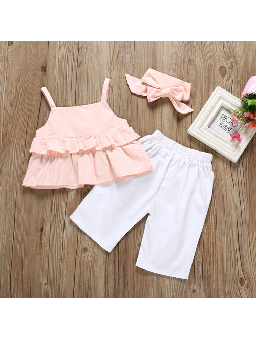 3PCS Toddler Kids Baby Girl Summer Clothes Ruffle Sling Tops Pants Leggings Outfits Sunsuit