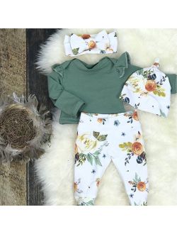 Newborn Baby Girls Floral 3pcs Clothes Jumpsuit Romper Pants Headband Outfit Set