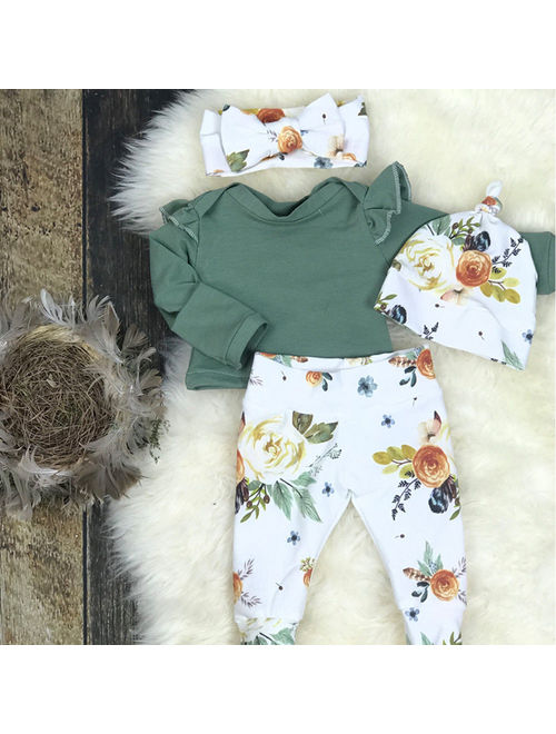 Newborn Baby Girls Floral 3pcs Clothes Jumpsuit Romper Pants Headband Outfit Set