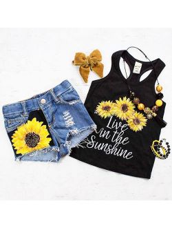 2PCS Toddler Baby Kids Girl Summer Clothes Live in The Sunshine Sunflower Vest Tank Tops+Denim Short Pants Outfit Set 1-2 Years
