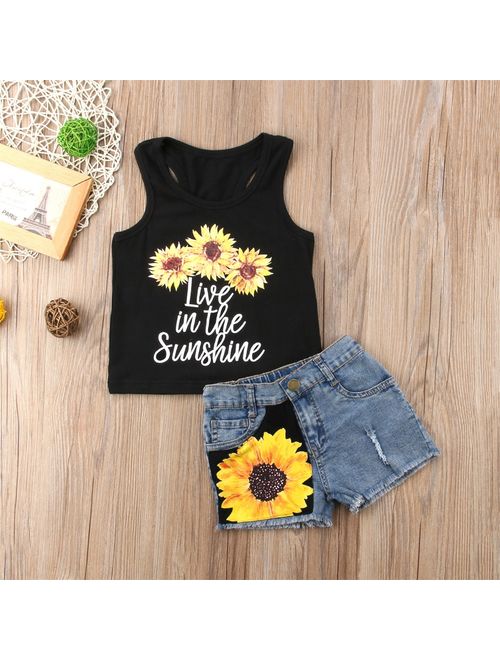 2PCS Toddler Baby Kids Girl Summer Clothes Live in The Sunshine Sunflower Vest Tank Tops+Denim Short Pants Outfit Set 1-2 Years