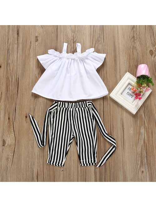 Canis Toddler Kids Baby Girls Cute Strap Ruffle Vest Tank Tops+Stripe Long Pants 2Pcs Outfits Clothes Set