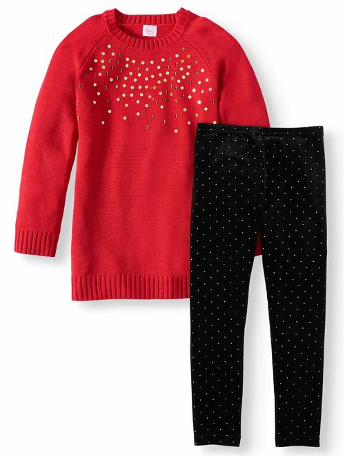 Wonder Nation Jeweled Neckline Sweater and Printed Legging, 2-Piece Outfit Set (Little Girls, Big Girls & Plus)