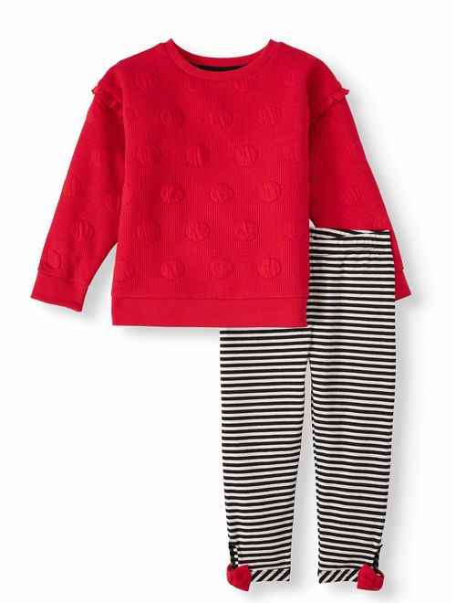 Wonder Nation Double Knit Pullover Top & Bow Trim Leggings, 2 Piece Outfit Set (Toddler Girls)