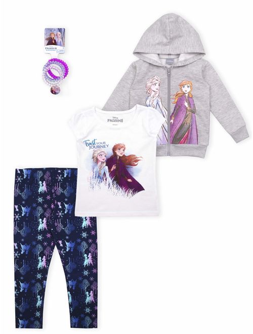 Disney Frozen 2 Anna Elsa Toddler Girl Hoodie, T-shirt, Leggings & Hairties, 4pc Outfit Set
