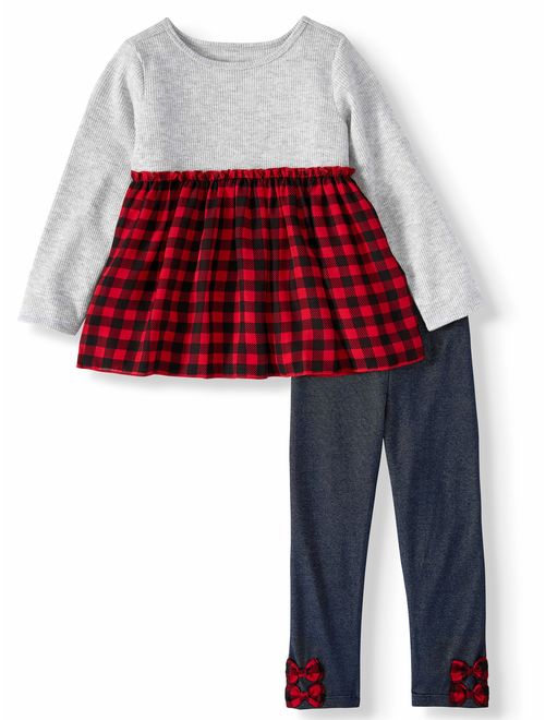 Wonder Nation Thermal Plaid Babydoll Top & Ruffle Leggings, 2pc Outfit Set (Toddler Girls)