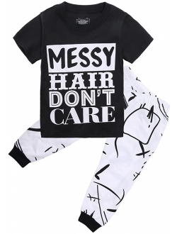 Little Girls Short Sleeve Messy Hair Don't Care Letters Print T-Shirt and Pants Outfit Summer