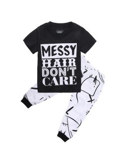 Little Girls Short Sleeve Messy Hair Don't Care Letters Print T-Shirt and Pants Outfit Summer