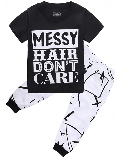 Canis Little Girls Short Sleeve Messy Hair Don't Care Letters Print T-Shirt and Pants Outfit Summer