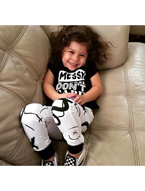 Canis Little Girls Short Sleeve Messy Hair Don't Care Letters Print T-Shirt and Pants Outfit Summer