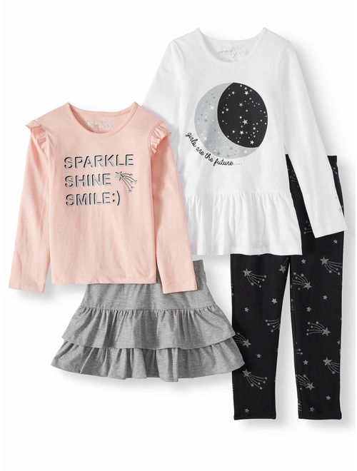 Freestyle Revolution Toddler Girl Mix & Match Long Sleeve Tops, Ruffle Skirt & Leggings, 4pc Outfit Set