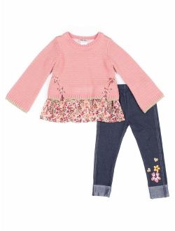 Little Lass Chiffon Criss Cross Sweater and Knit Denim Leggings, 2pc Outfit Set (Baby Girls & Toddler Girls)